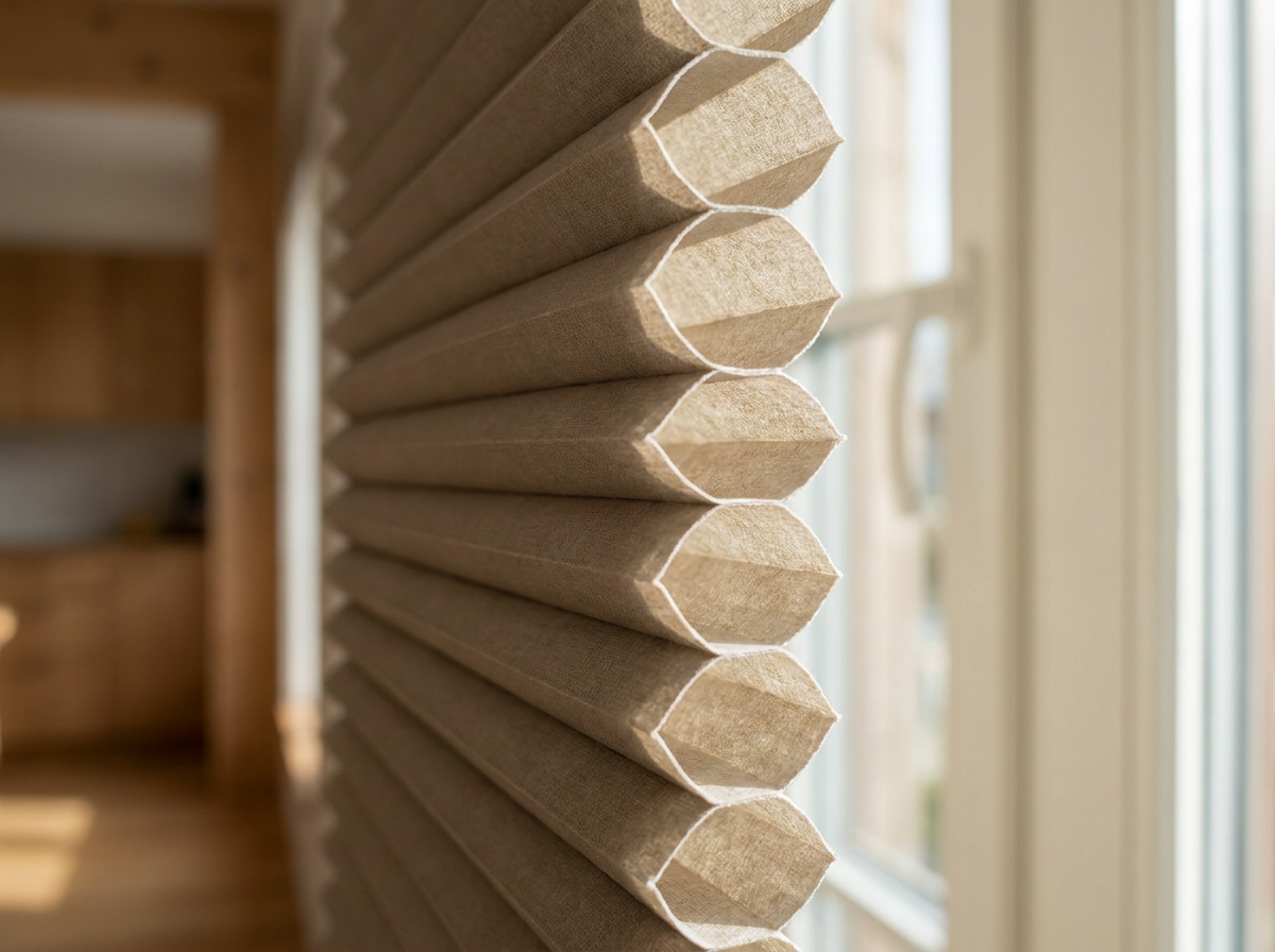Close-up of pleated cellular honeycomb blind fabric cross-section