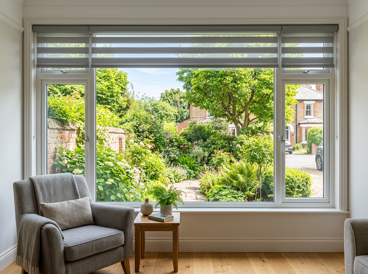 Street-facing lounge window with day-and-night zebra blinds offset for a garden view
