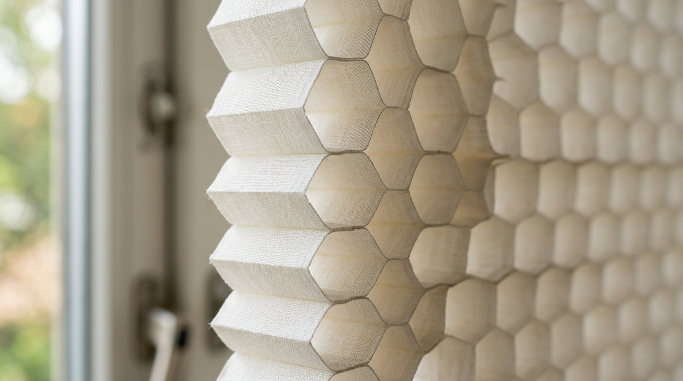 Macro close-up of a cellular honeycomb blind showing the hexagonal air-cell structure