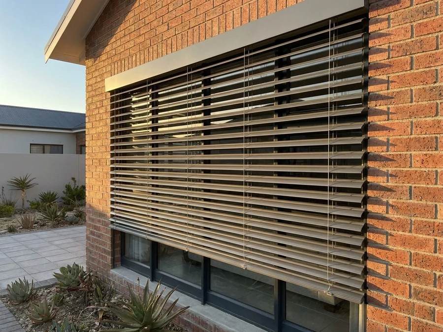External aluminium venetian shading mounted on a west-facing wall of a Brackenfell home