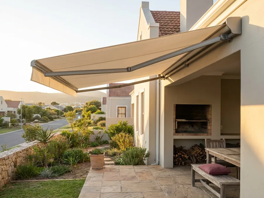 Folding-arm awning extended over a braai patio at a Brackenfell family home