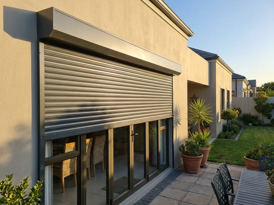 Exterior aluminium roller shutter lowered over a patio door in Brackenfell — a shading shutter, not a security shutter