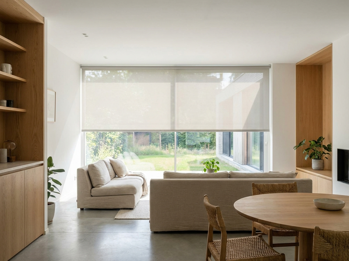 Living and dining space with a sunscreen roller blind, bright daylight