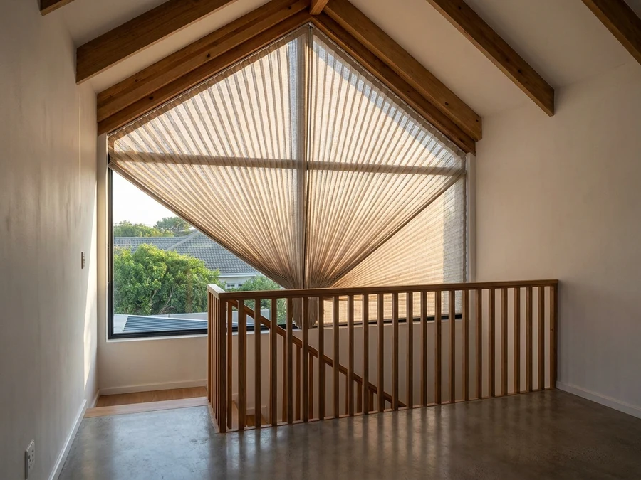 Shaped blind fitted to a gable stairwell window in a Brackenfell double-storey home