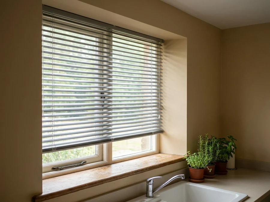 Aluminium venetian blind tilted open over a Brackenfell kitchen scullery window