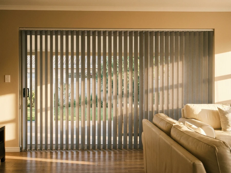 Vertical panel blinds covering a wide stacker door in a Brackenfell lounge